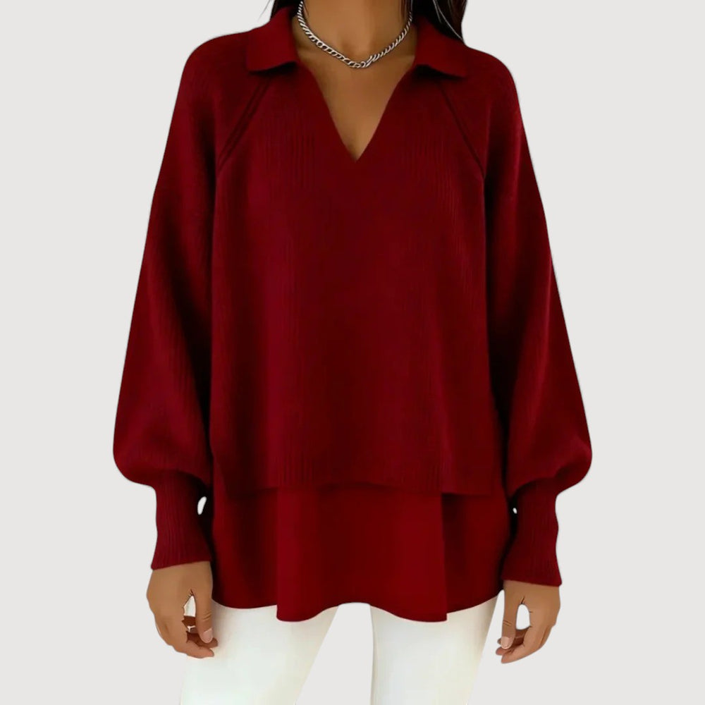 REZY – LAYERED KNIT TOP - Olive & Ivy Red / S